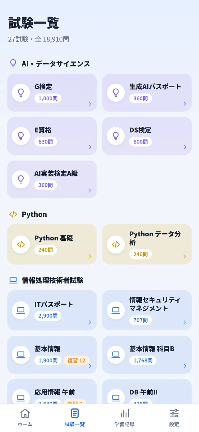 試験一覧の画面